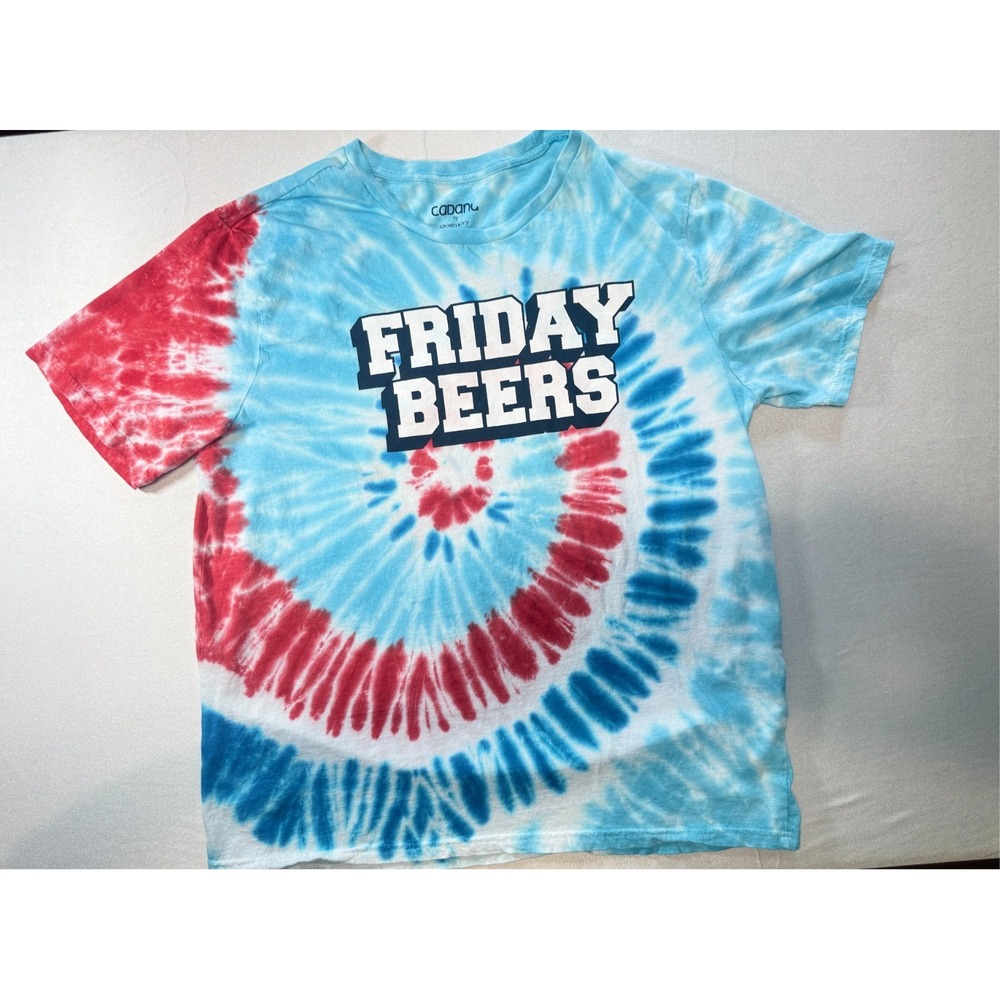 Cabana Crown & Ivy Friday Beers Tie Dye T Shirt Mens L Red Blue Graphic Tee